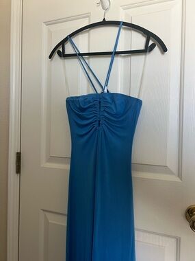 Blue Ruched Bust Dress with Spaghetti Straps